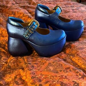 John Fluevog Navy Platform Mary Janes